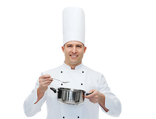 Image showing happy male chef cook with pot and spoon