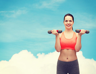 Image showing young sporty woman with light dumbbells