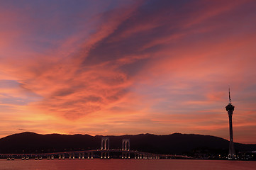 Image showing Evening of Macau tower convention and bridges