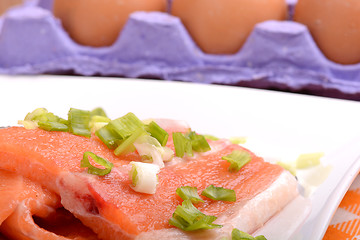 Image showing Slice of red fish salmon and eggs