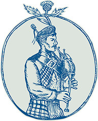 Image showing Scotsman Bagpiper Playing Bagpipes Etching