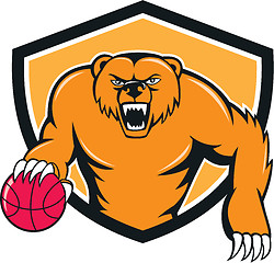 Image showing Grizzly Bear Angry Dribbling Basketball Shield Cartoon