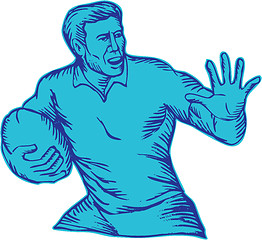 Image showing Rugby Player Running Fending Etching