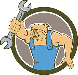 Image showing Bulldog Mechanic Holding Spanner Circle Cartoon