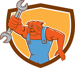 Image showing Bulldog Mechanic Holding Spanner Shield Cartoon