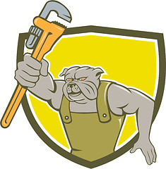 Image showing Bulldog Plumber Monkey Wrench Shield Cartoon