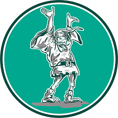 Image showing Dwarf Elf Raising Hands Circle Cartoon