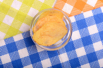 Image showing Potato chips on glass bowl, close up