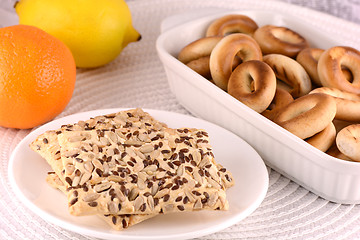 Image showing sweet cake on white plate and fruits