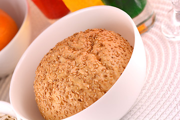 Image showing sweet cake on white plate and fruits