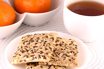 Image showing sweet cake and fruits, tea (coffee) cup and fruits