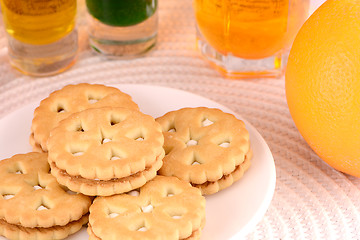 Image showing sweet cake on white plate and fruits