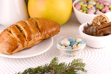 Image showing sweet cake on white plate and fruits