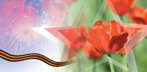 Image showing Victory Day Card With Red Tulips