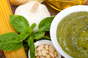 Image showing Italian traditional basil pesto pasta ingredients