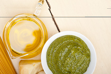 Image showing Italian traditional basil pesto pasta ingredients