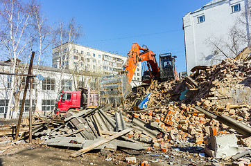 Image showing Excavator works garbage from demolished house