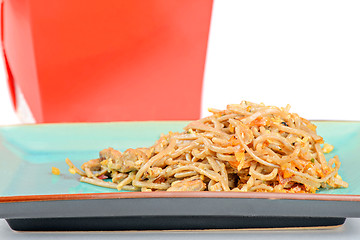 Image showing Meat, noodles and red take away container