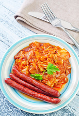 Image showing fried cabbage with sausages
