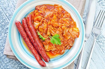 Image showing fried cabbage with sausages