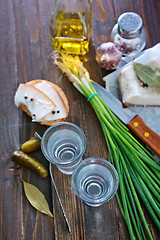 Image showing vodka, lard and cucumbers