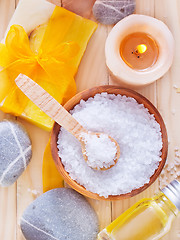 Image showing sea salt, soap and towels