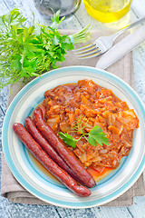 Image showing fried cabbage with sausages