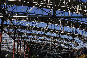 Image showing Looking at the blue sky through the roof