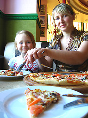 Image showing Happy mother and her child in pizzeria