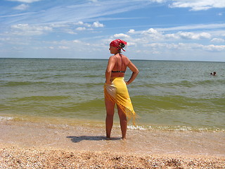 Image showing girl standing at the seacoast