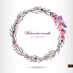 Image showing Watercolor wreath with flowers,foliage and branch.