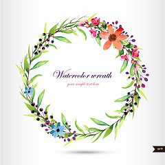 Image showing Watercolor wreath with flowers,foliage and branch.