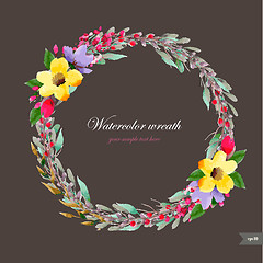 Image showing Watercolor wreath with flowers,foliage and branch.