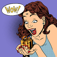 Image showing woman glad gift wow pop art comics retro style Halftone