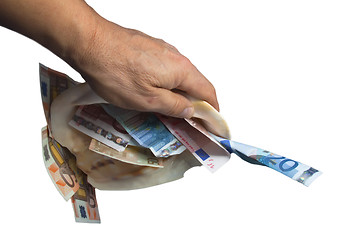 Image showing a hand is holding a sea shell with money white background.