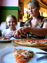 Image showing mother and daughter eating in pizzeria