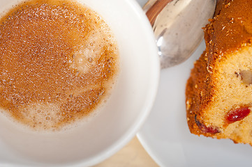 Image showing plum cake and espresso coffee 