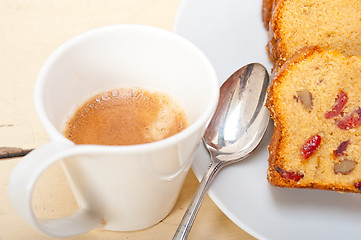 Image showing plum cake and espresso coffee 