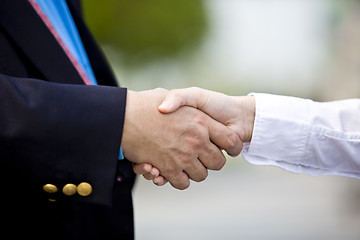 Image showing Asian businessman and young female executive shaking hands