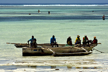 Image showing beach seaweed people and boat in tanzania zanzibar