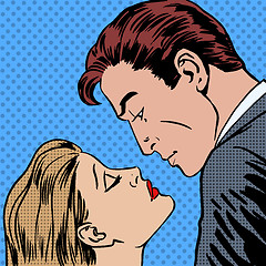 Image showing Love men and women kiss pop art comics retro style Halftone