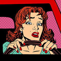 Image showing Inexperienced woman driver car accident pop art comics retro sty