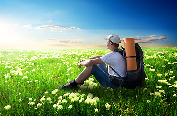 Image showing Tourist on flower field