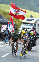 Image showing Two French Cyclists at Col de Peyresourde - Tour de France 2014