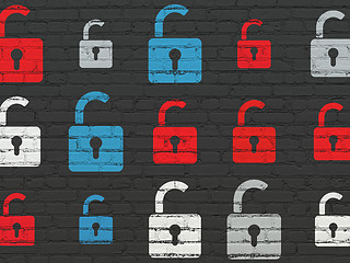 Image showing Security concept: multicolor Opened Padlock icons on wall background