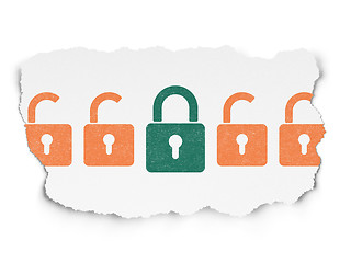 Image showing Privacy concept: green closed padlock icon on Torn Paper background