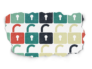 Image showing Security concept: multicolor Opened Padlock icons on Torn Paper background