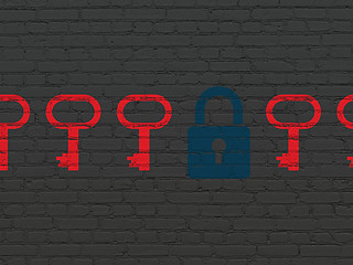 Image showing Protection concept: blue closed padlock icon on wall background