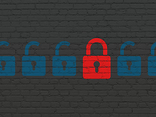 Image showing Protection concept: red closed padlock icon on wall background