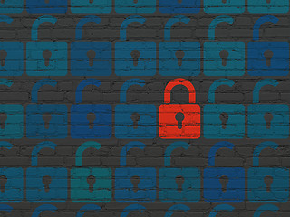 Image showing Privacy concept: red closed padlock icon on wall background